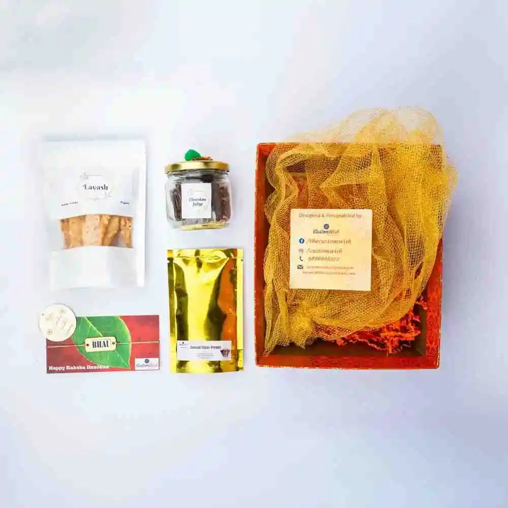 Buy Tray Rakhi Hamper with Fudge and Bhai Rakhi Gift