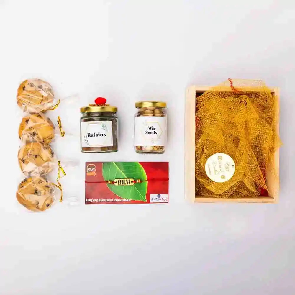 Buy Gourmet Rakhi Hamper with Bhai Rakhi and Cookies