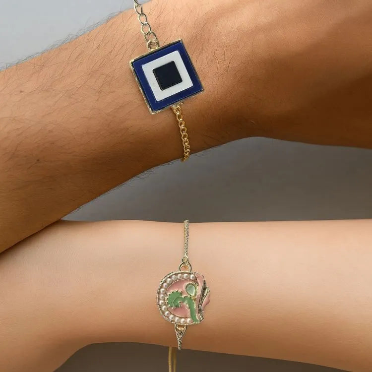 brother bhabhi rakhi set featuring peacock and evil eye