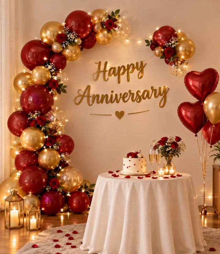 Blue and red anniversary decoration at home with balloon backdrop and neon sign