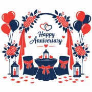 Blue and red anniversary decoration at home with balloon backdrop and neon sign