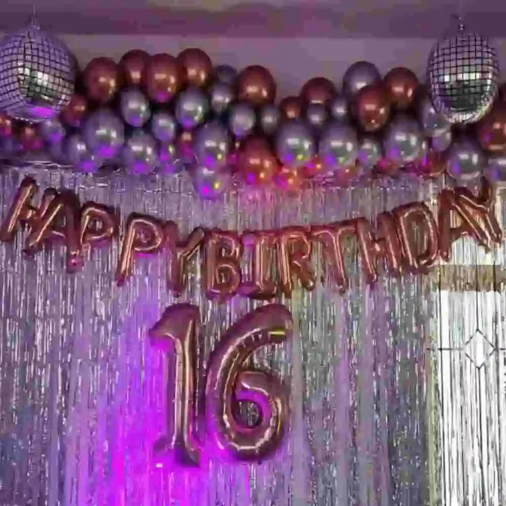 Birthday disco theme balloon backdrop with disco balls