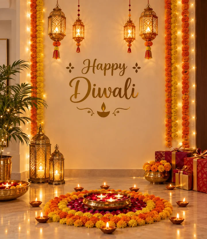 Book Card Theme Set Up with printed card backdrop, oversized dice and casino-style party props for Diwali decor