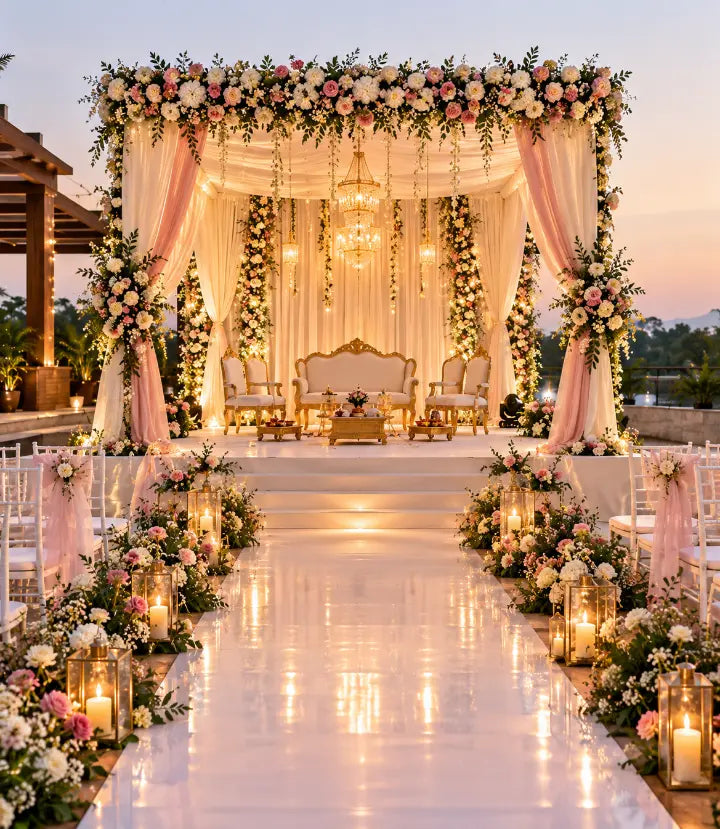 Book Chapra Decoration with coconut leaves, floral garlands and lighting for wedding entrance