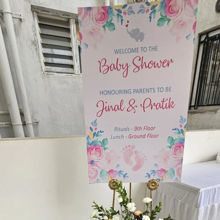 Get Quote for baby shower floral decoration with personalized welcome signage