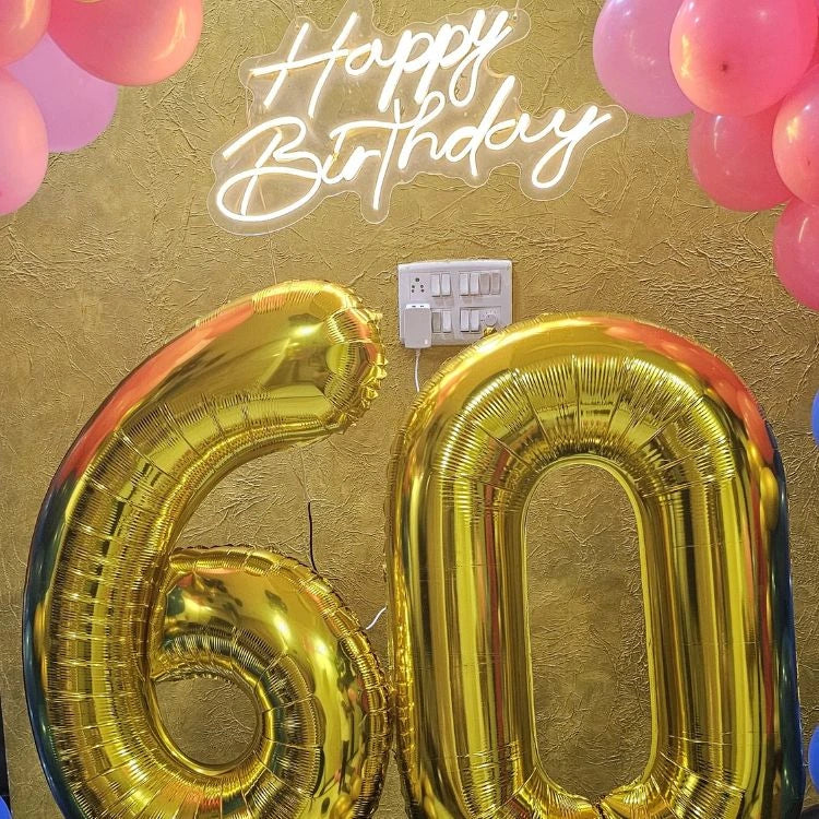 Order birthday balloon decoration at home with foil balloons and Happy Birthday sign