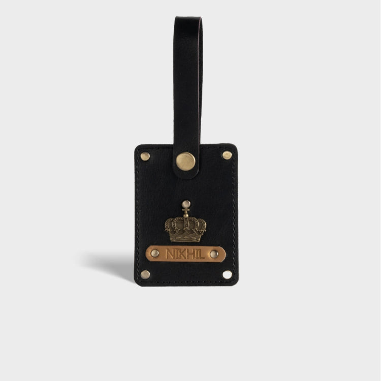 Buy black personalized luggage tag with custom name and charm