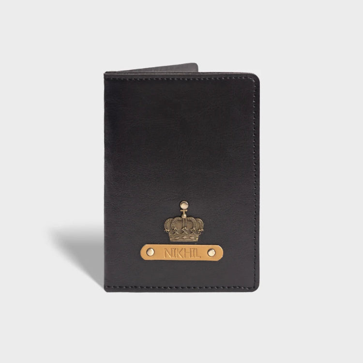Order black personalized passport cover with crown charm and name
