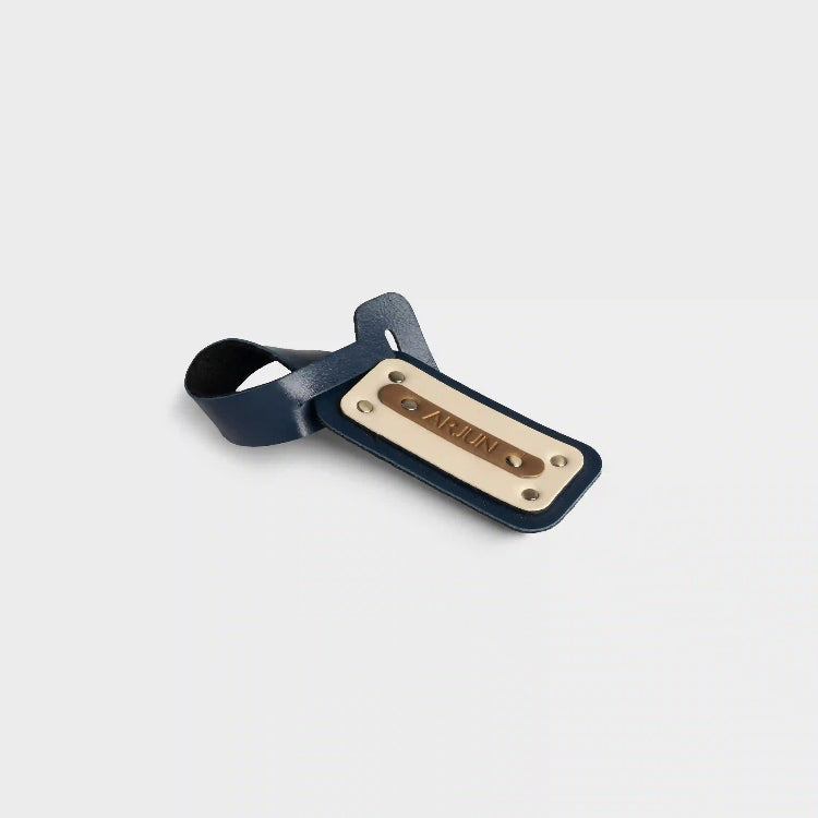Buy blue personalized mini bag tag with customised embossed name