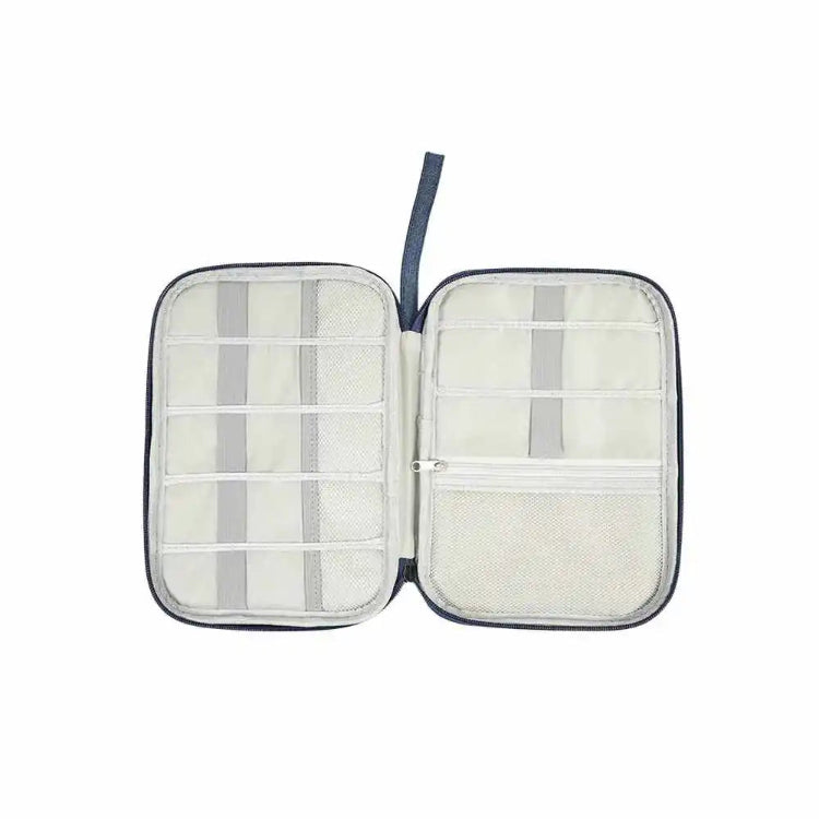 Get blue travel digi pouch with multiple compartments, mesh pockets and elastic bands