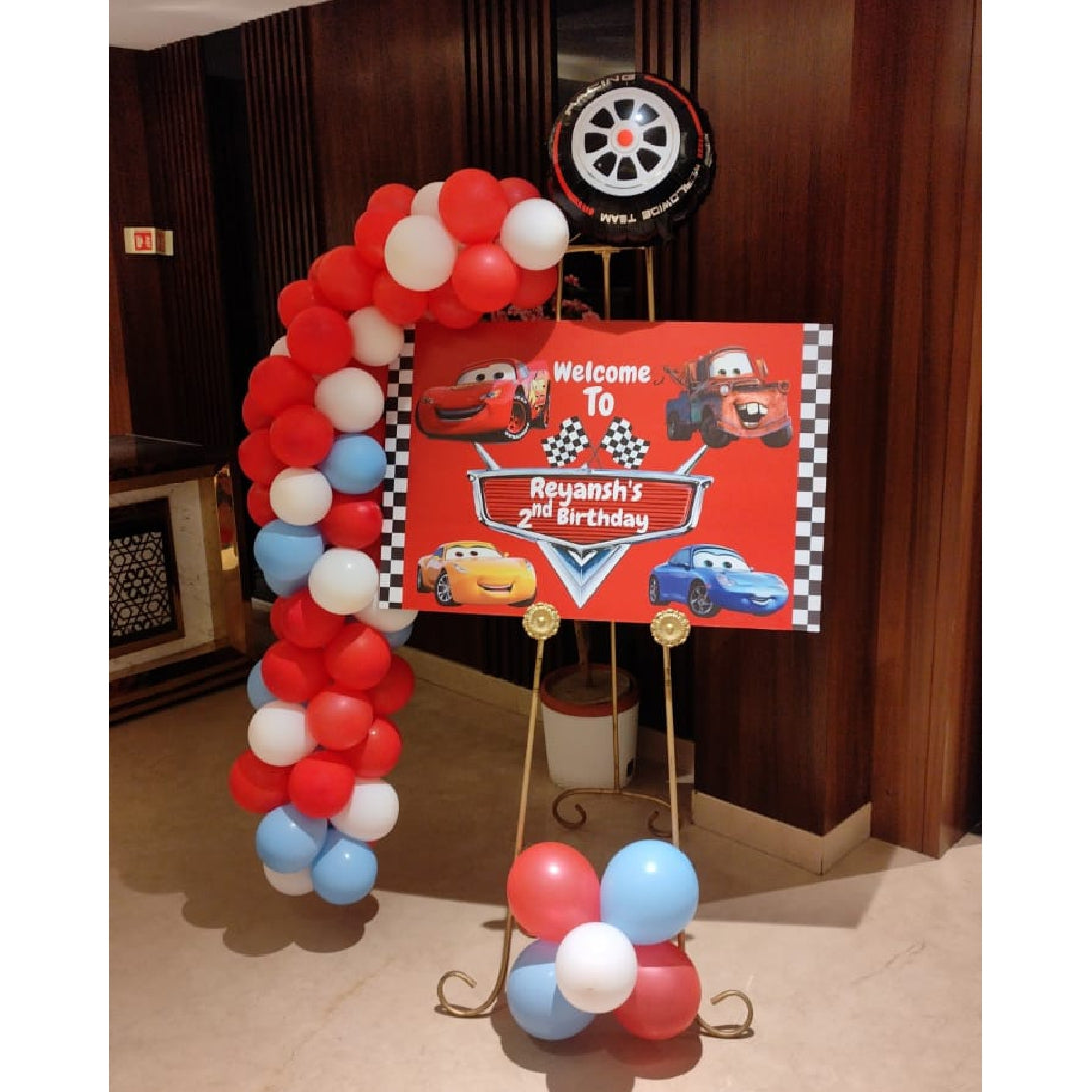 Car theme birthday balloon decoration with welcome board design