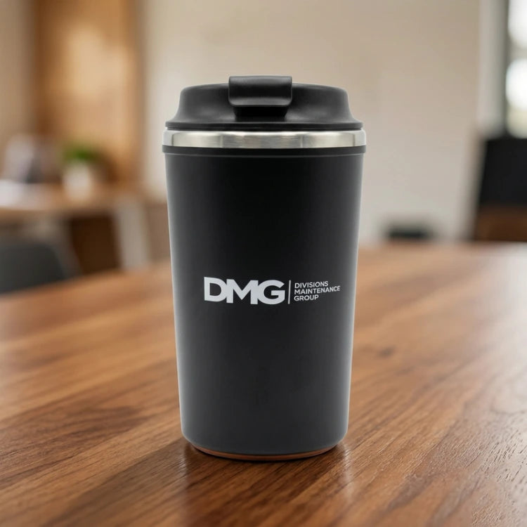 Shop branded black travel mug for corporate employee gifting