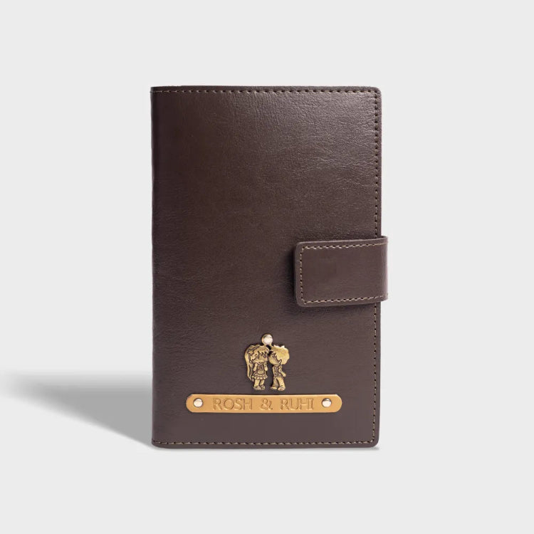 Order brown personalized dual passport cover with charm
