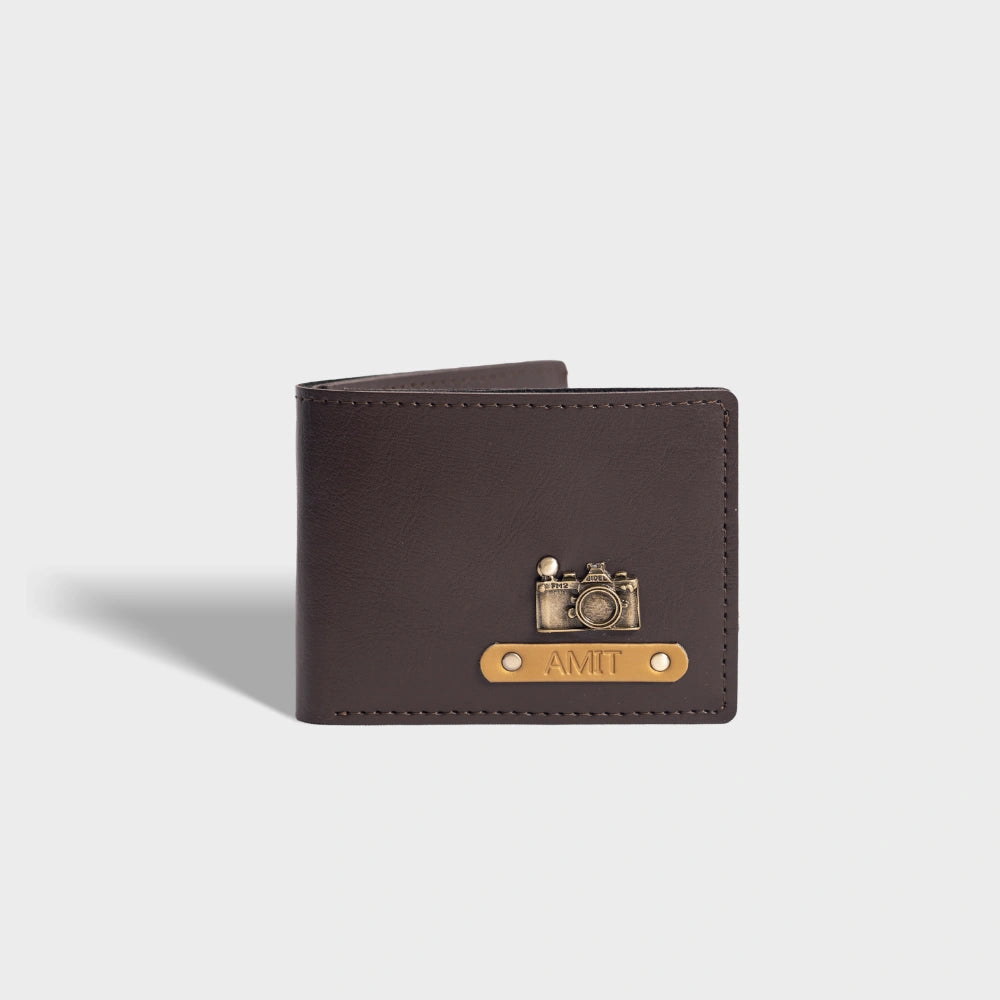 Buy brown personalized vegan leather men's wallet with name and charm embossed