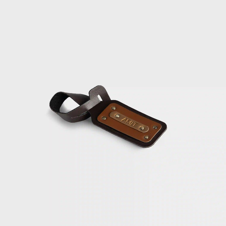 Order brown personalized mini bag tag with embossed name