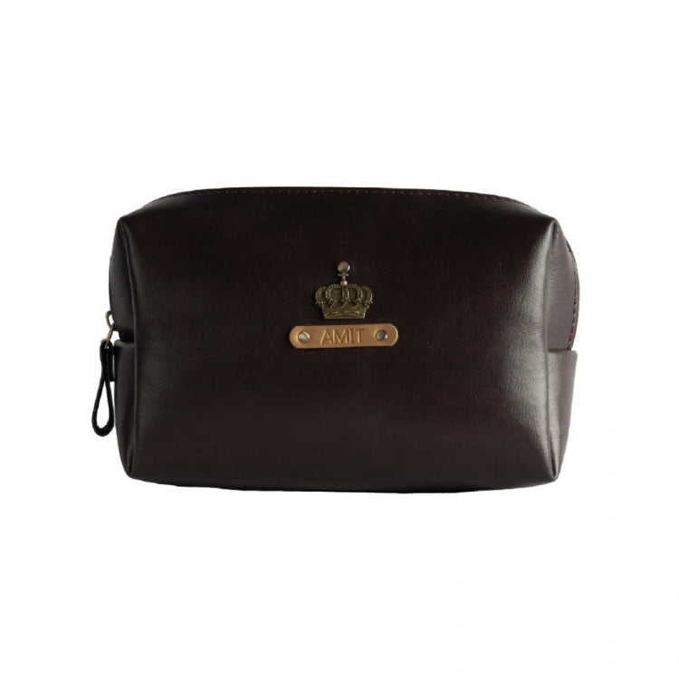 Buy personalized travel pouch in brown with crown charm and custom name tag