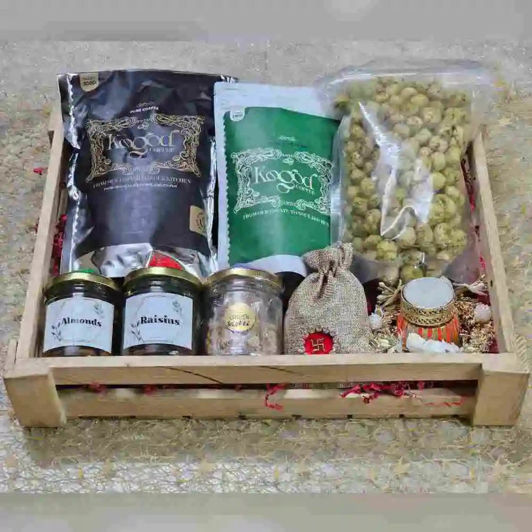 Shop Diwali gift hamper with coffee, dry fruits, and a decorative tray