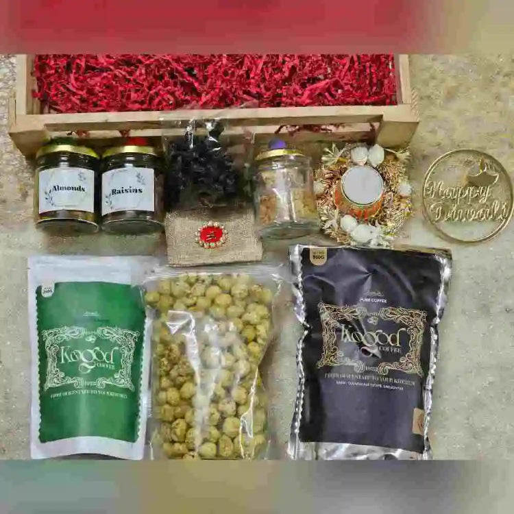 Order Diwali gift hamper with coffee, dry fruits and a designer tea light holder