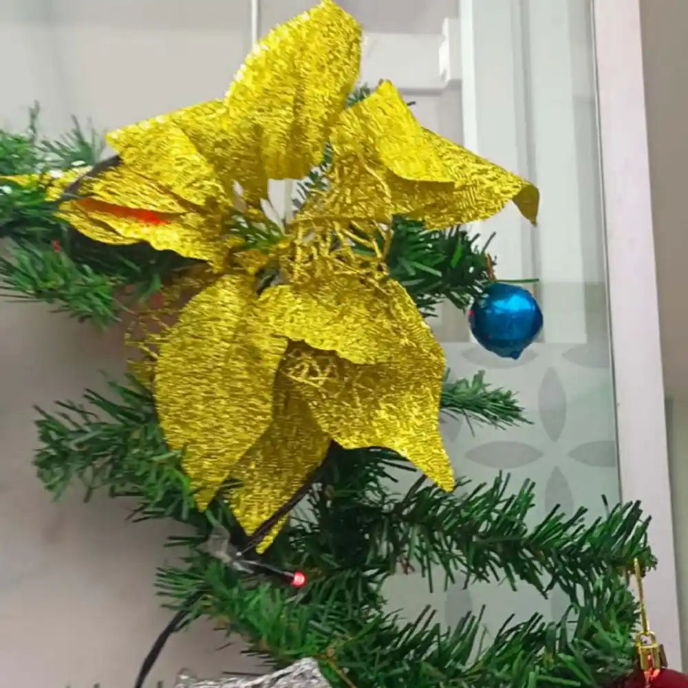 Get Christmas office decor with gold poinsettia and decorated tree