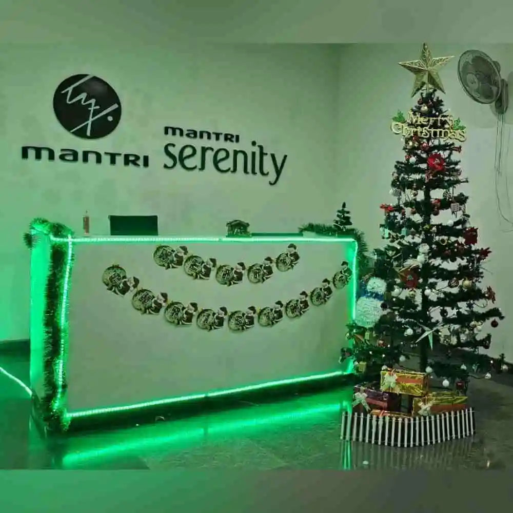 Get Christmas reception decoration for office with tree and festive lighting