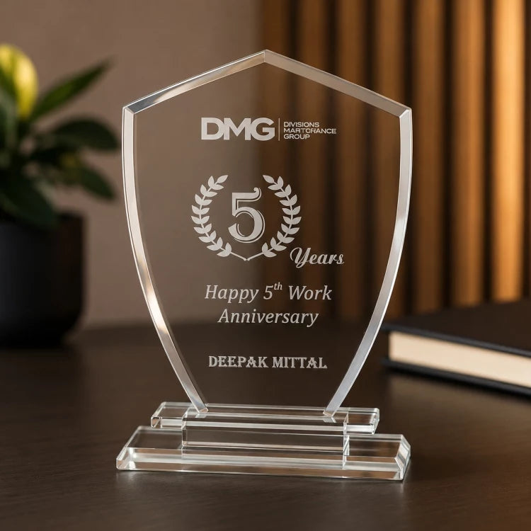 Buy clear Customised Crystal Milestone Trophy with engraved employee recognition details
