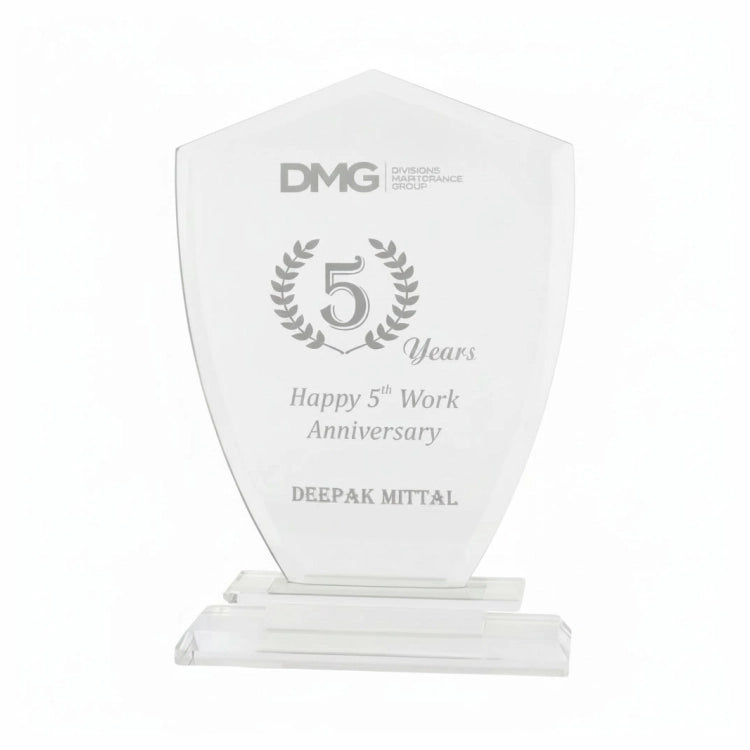 Shop clear Customised Crystal Milestone Trophy with corporate logo and engraved name