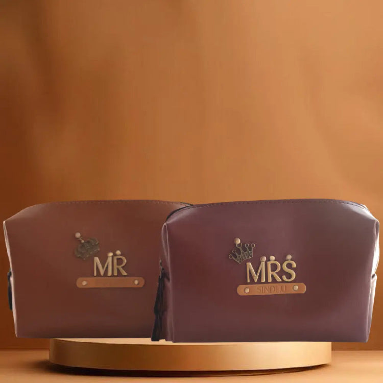 Shop Custom Tan and Wine Colour Mr and Mrs Travel Pouch for wedding and couple gifting
