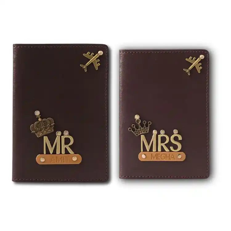 Order dark brown Personalised Couple Passport Covers with MR and MRS names