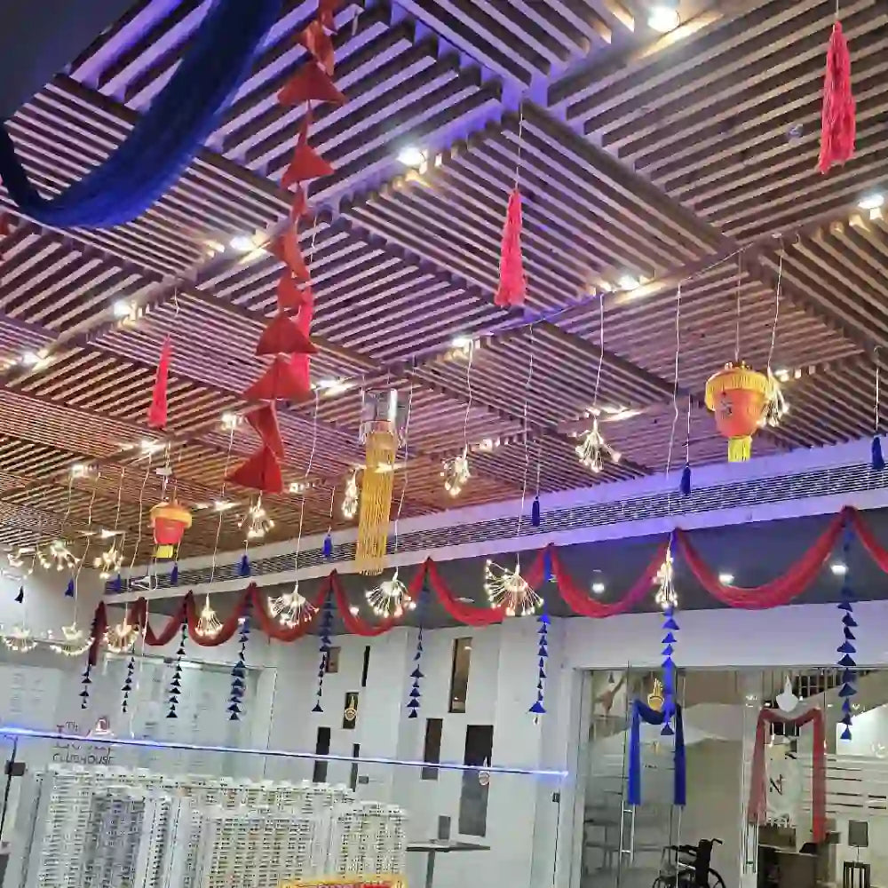 Book Diwali Decor in Office with colourful hanging decorations, festive lights, and traditional workplace decor
