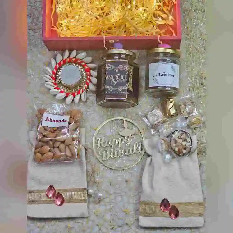 Buy Diwali gift hamper with dry fruits, coffee and festive accessories