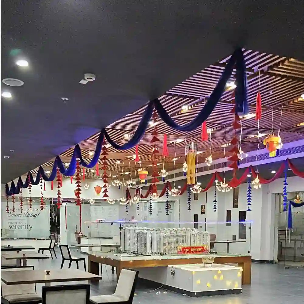 Order Diwali Decor in Office with colourful ceiling hangings, festive lights and wall decorations