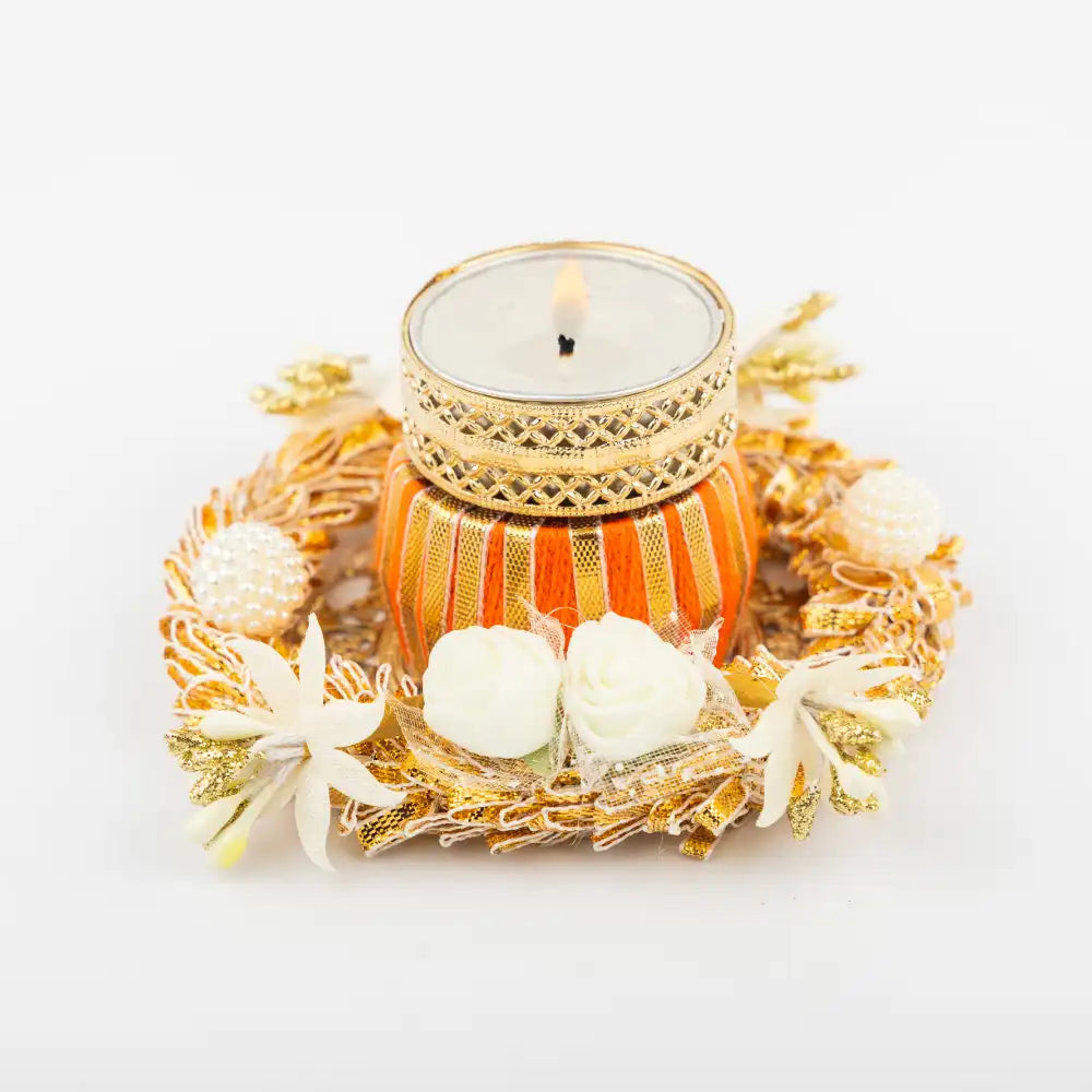 Buy orange and gold decorative drum candle holder for Diwali gifts