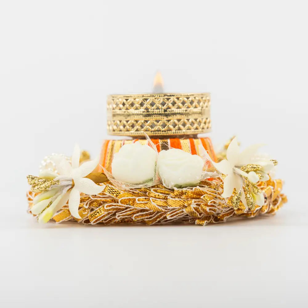 Shop orange and gold drum tealight holder for festive home decor