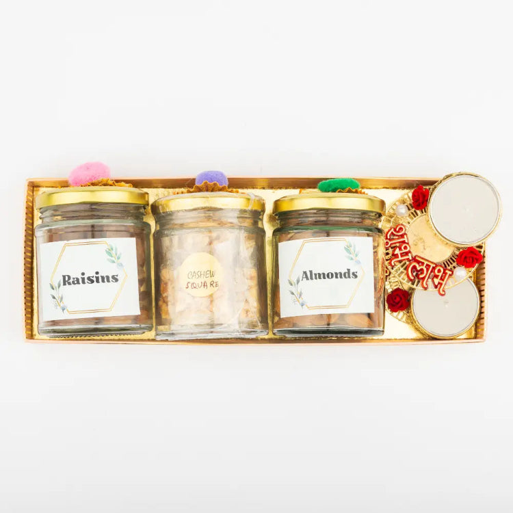 Order Diwali Gift Hamper with Dry Fruits and Shubh Labh T-Light Holders