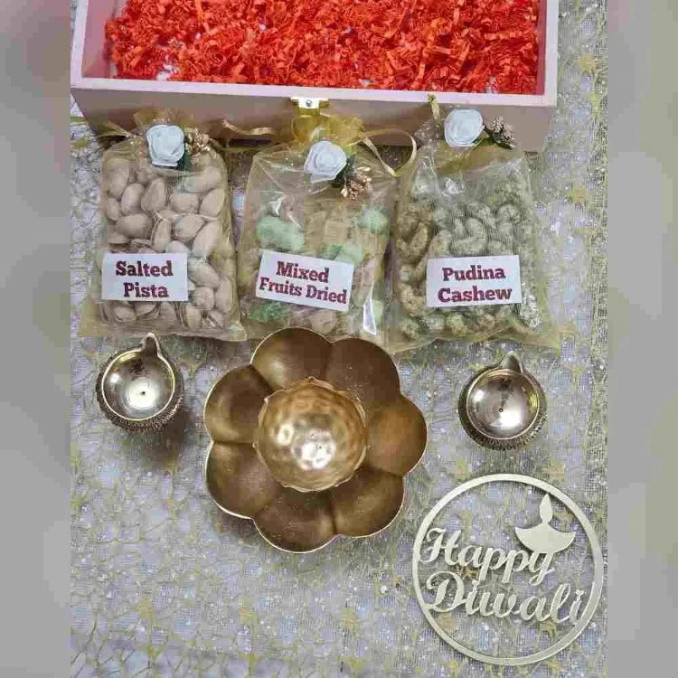 Buy Dry Fruit Gift Hamper with Brass Diyas and Metal T-Light Holder