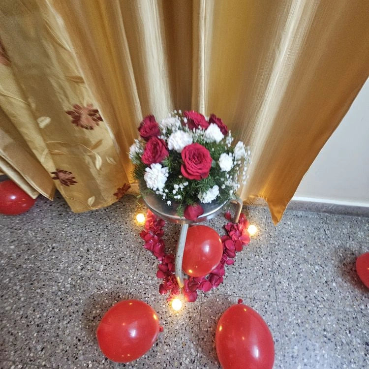 Enquire about romantic first night flower bouquet decoration with red balloons