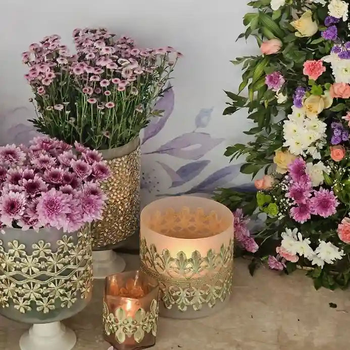 Enquire about floral welcome board decoration with candles and flower arrangements