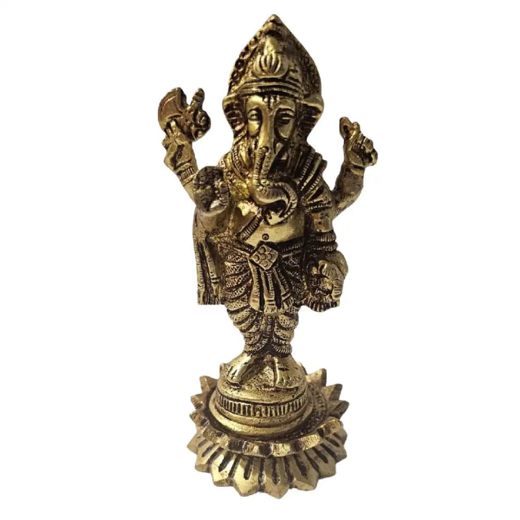 Buy Ganesha Brass Idol with antique finish and decorative lotus base