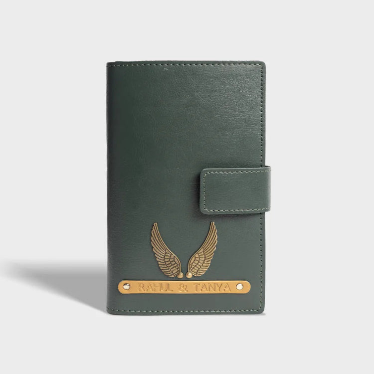Buy green personalized dual passport cover with charm for couples
