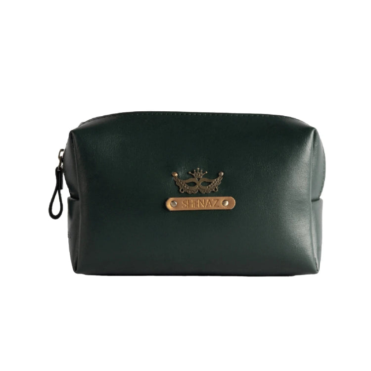 Order customized travel pouch in green with decorative mask charm and name tag