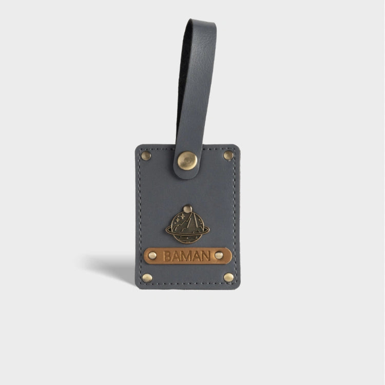 Order grey personalized luggage tag with custom name and charm