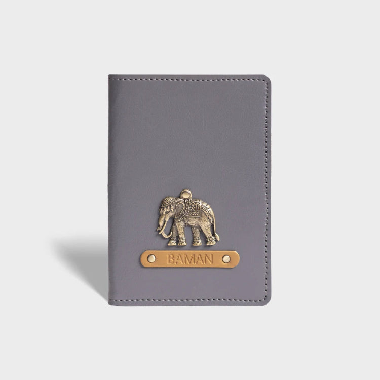 Buy grey personalized passport cover with charm and name