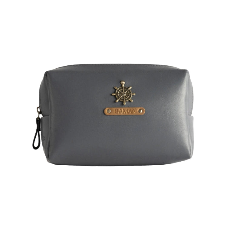 Get personalized travel pouch in grey with custom charm and custom name tag