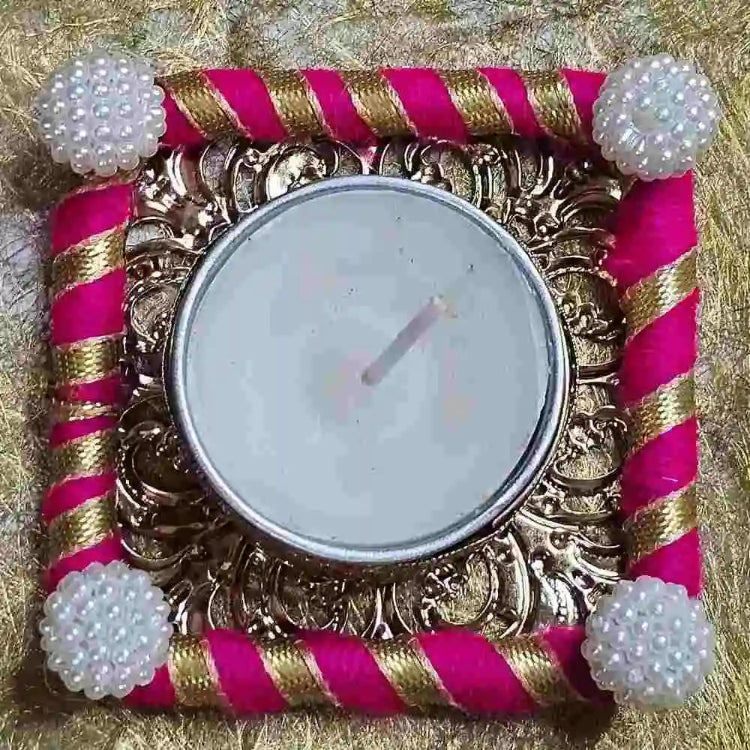 Pearl embellished square T light holder for Diwali
