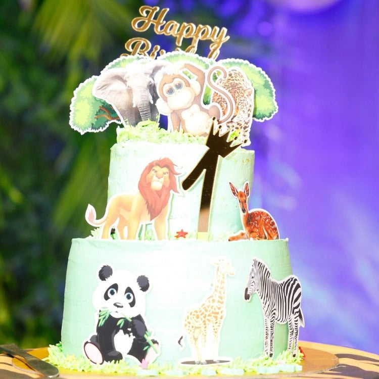 Book jungle safari birthday decor package with animal-themed birthday cake decoration