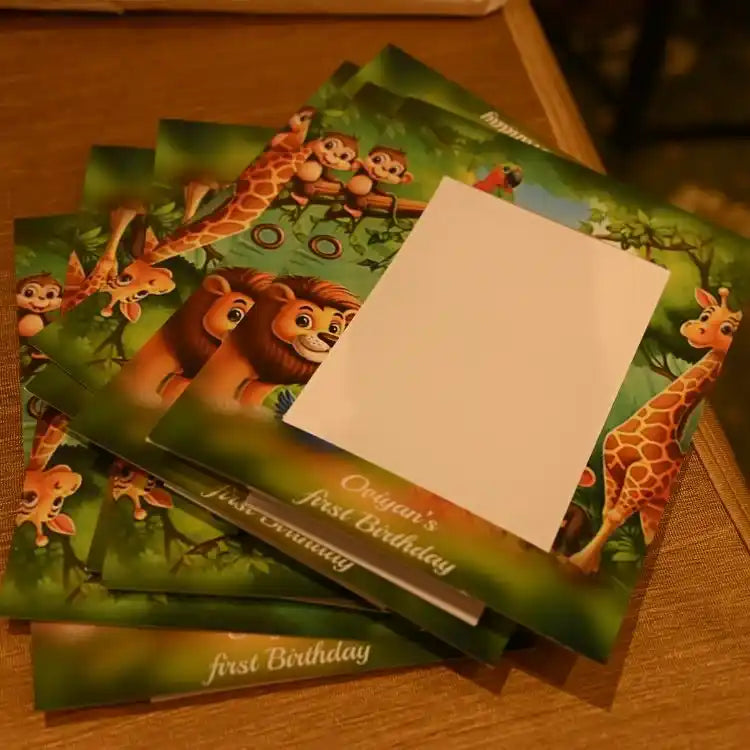 Order jungle safari birthday decor package with personalized safari birthday invitation cards