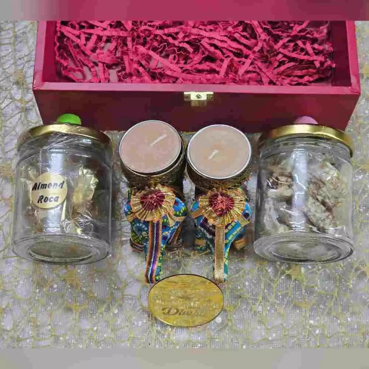 Buy Diwali Dry Fruit Hamper with Glass Jars and Decorative T-Light Holders