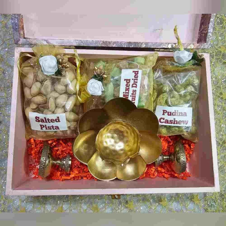 Buy MDF Festive Goodies Hamper with Dry Fruits and Brass Diya