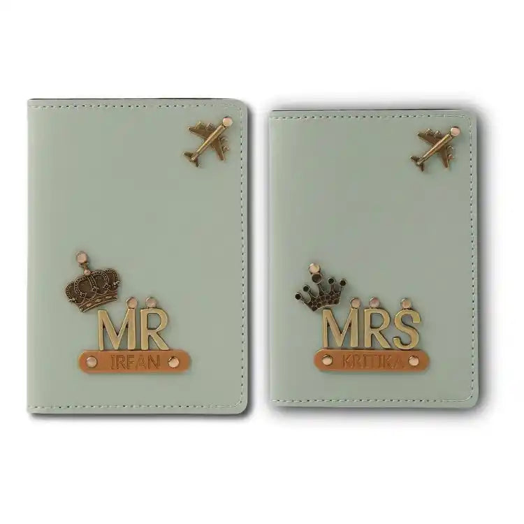 Order mint green Personalised Couple Passport Covers with custom names