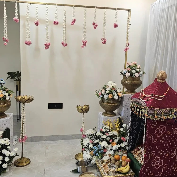 Get Quote for modern floral backdrop decoration with hanging flower garlands